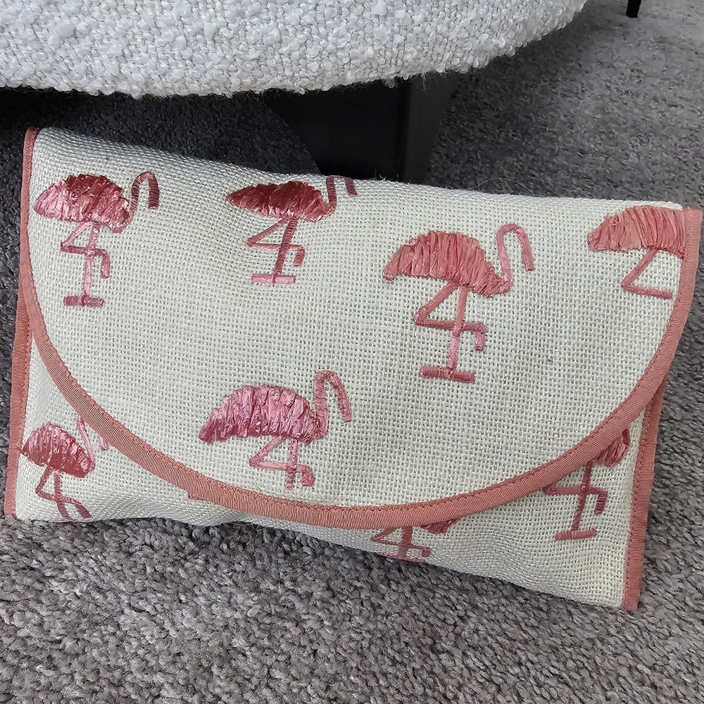 NWT ASOS Flamingo Embroidered Clutch, Jute